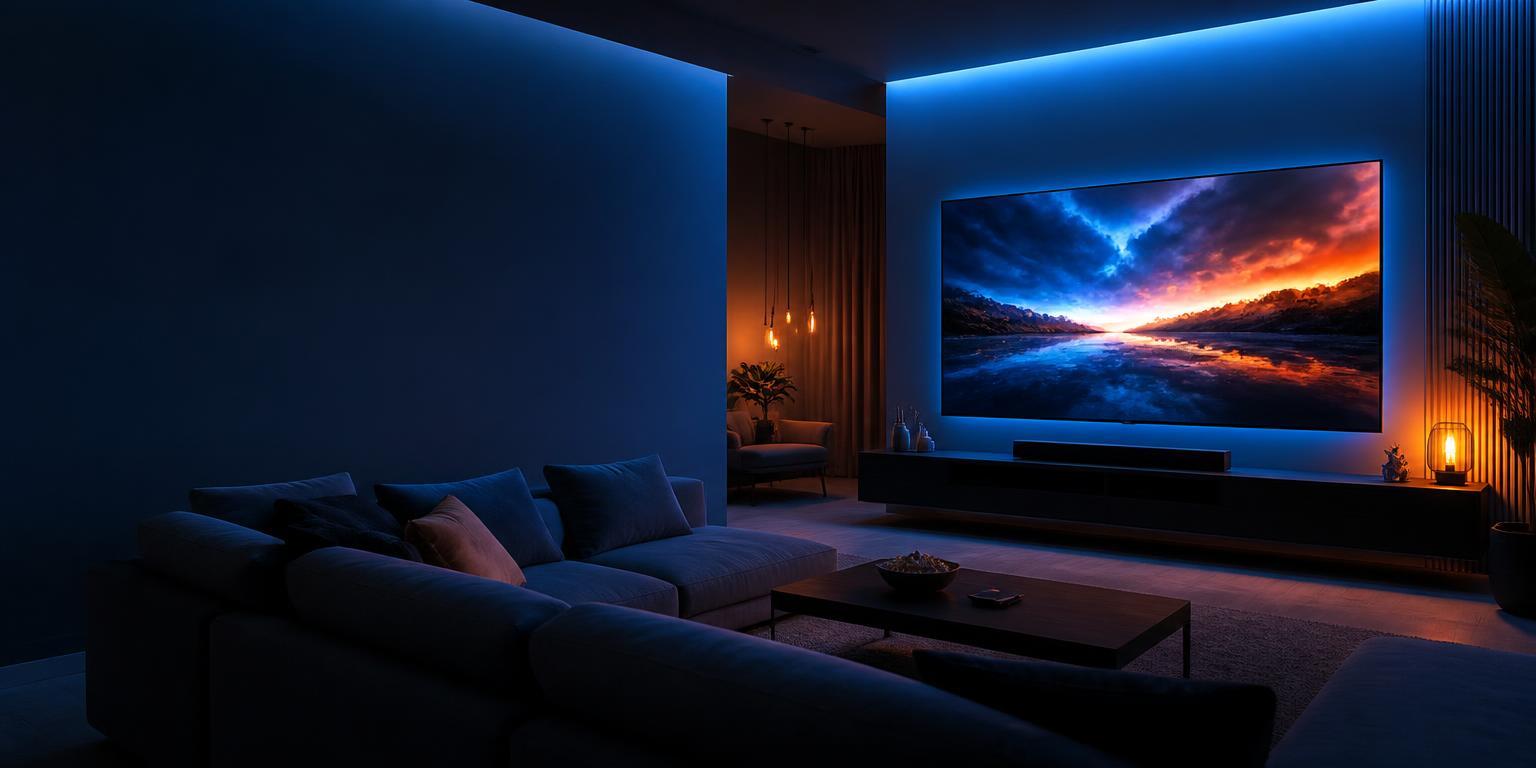 Sala de estar com televisão e iluminação cinematográfica azul e laranja